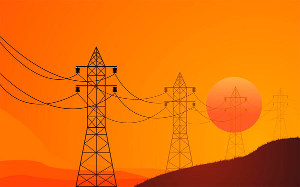 Высоковольтная линия электропередачи на фоне заходящего солнца. Плоская векторная иллюстрация.
