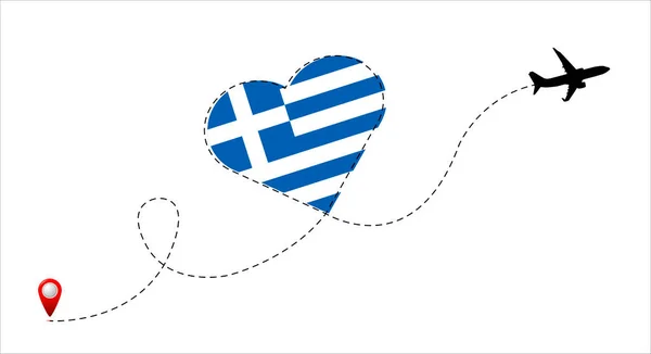 Trasa Lotu Samolotem Flagą Grecji Wewnątrz Serca Podróżuj Swojego Ulubionego — Wektor stockowy