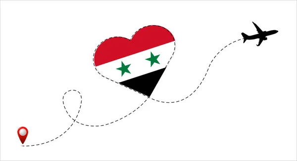Trasa Lotu Samolotem Flagą Syryjskiej Republiki Arabskiej Wewnątrz Serca Podróżuj — Wektor stockowy