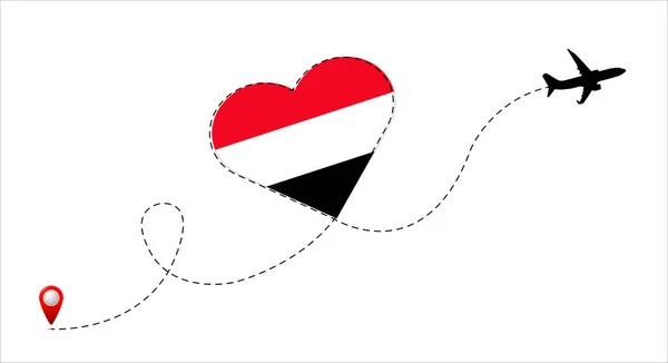 Trasa Lotu Samolotem Flagą Republiki Jemenu Wewnątrz Serca Podróż Swojego — Wektor stockowy