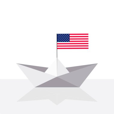 Yansımalı ve Amerikan bayrağıyla Origami kağıt gemisi. Vektör düz resimleme.