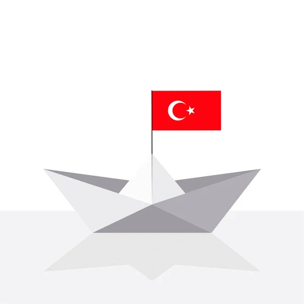 Origami Papierschiff Mit Spiegelung Und Türkei Flagge Vektorflache Illustration — Stockvektor