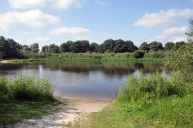 Polesie, Belarus 'un güzel manzarası. Pripyat Nehri. Açık mavi nehir suyu, mavi gökyüzü ve ıssız sahil..