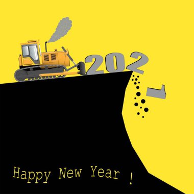 Mutlu yıllar 2022 tebrik kartı. Buldozer giden yılı 2021 'e atıyor. Düz vektör illüstrasyonu.