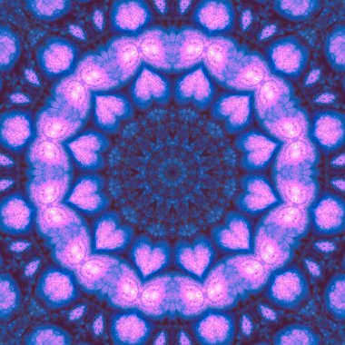 Bir kaleydoskop deseninin soyut kare arkaplanı. Pembe mavi arka plan fraktal mandala. Soyut kaleydoskopik arabesk. Geometrik süs deseni