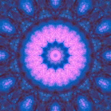 Bir kaleydoskop deseninin soyut kare arkaplanı. Pembe mavi arka plan fraktal mandala. Soyut kaleydoskopik arabesk. Geometrik süs deseni