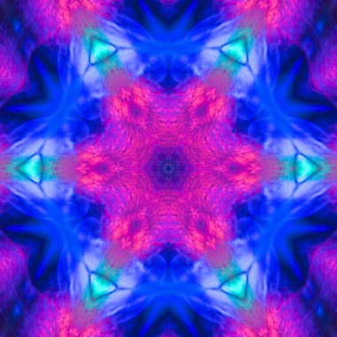 Bir kaleydoskop deseninin soyut kare arkaplanı. Neon mavisi siyah arka plan fraktal mandala. Soyut kaleydoskopik arabesk. Geometrik süs deseni
