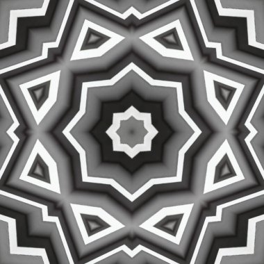 Bir kaleydoskop deseninin soyut arkaplanı. Siyah, beyaz ve gri çizgiler arka fraktal mandala. Soyut kaleydoskopik arabesk. Geometrik süs deseni