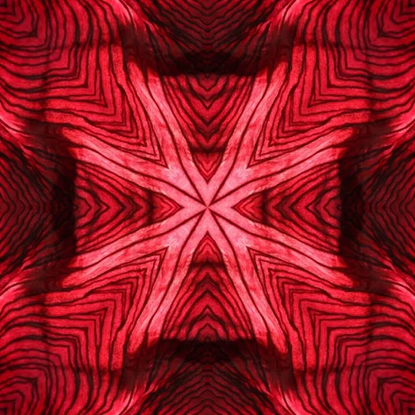 만화경의 꽃 모양의 추상적 인 배경. 붉은 색 바탕의 프랙탈맨드라. 만화경으로 만든 아라베스크 — 스톡 사진