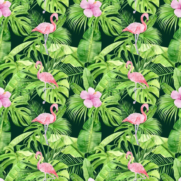 Aquarel illustratie naadloos patroon van tropische bladeren en roze flamingo. Perfect als achtergrond textuur, inpakpapier, textiel of behang ontwerp. Handgetrokken — Stockfoto
