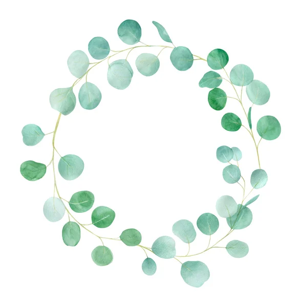 Aquarelle cadre floral vert avec eucalyptus. Motif peint à la main avec des branches eucalyptus. Parfait pour la conception de mariage — Photo