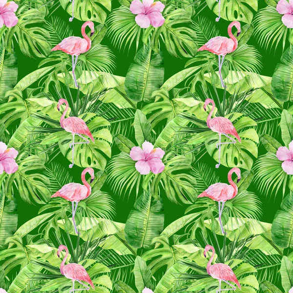 Watercolor illustration seamless pattern of tropical leaves and pink flamingo. Perfect as background texture, wrapping paper, textile or wallpaper design. Hand drawn — Stock Photo, Image