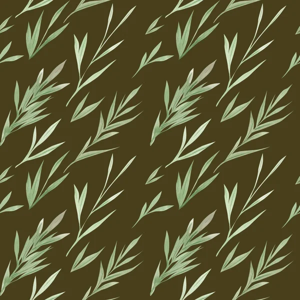 Акварель зеленого цвета оставляет бесшовный узор. Летний цветочный растительный акварельный фон. Зеленое растение. Ручная рисованная ботаническая натуральная иллюстрация. Дизайн акварельного листа. — стоковое фото