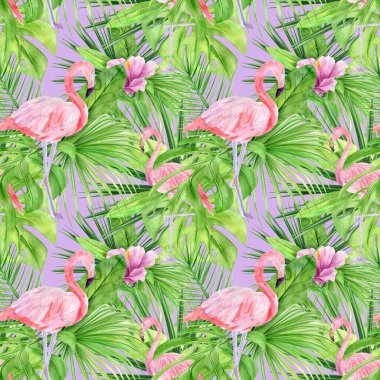 Suluboya çizimi, tropikal yaprakların ve pembe flamingonun kusursuz deseni. Arka plan dokusu, ambalaj kağıdı, tekstil ya da duvar kağıdı tasarımı kadar mükemmel. El çizimi