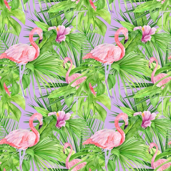 Ilustrație acuarelă model fără sudură de frunze tropicale și flamingo roz. Perfect ca textura de fundal, hârtie de ambalare, design textil sau tapet. Trase de mână — Fotografie, imagine de stoc