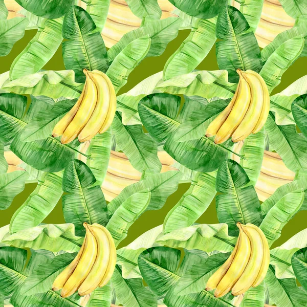 Ilustração aquarela padrão sem costura de folhas de palma de banana tropical e frutas. Perfeito como textura de fundo, papel de embrulho, têxtil ou design de papel de parede. Desenhado à mão — Fotografia de Stock