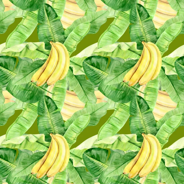 Watercolor illustration seamless pattern of tropical banana palm leaves and fruits. Perfect as background texture, wrapping paper, textile or wallpaper design. Hand drawn