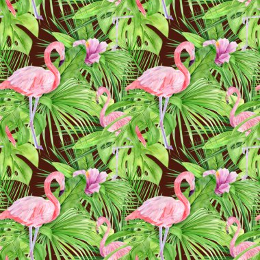 Suluboya çizimi, tropikal yaprakların ve pembe flamingonun kusursuz deseni. Arka plan dokusu, ambalaj kağıdı, tekstil ya da duvar kağıdı tasarımı kadar mükemmel. El çizimi