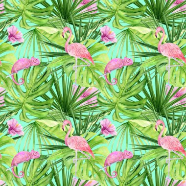 Suluboya çizimi, tropikal yaprakların ve pembe flamingonun kusursuz deseni. Arka plan dokusu, ambalaj kağıdı, tekstil ya da duvar kağıdı tasarımı kadar mükemmel. El çizimi