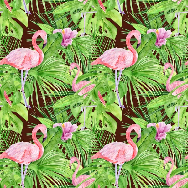 Aquarell Illustration nahtlose Muster tropischer Blätter und rosa Flamingo. Perfekt als Hintergrundtextur, Packpapier, Textil- oder Tapetendesign. Handgezeichnet — Stockfoto