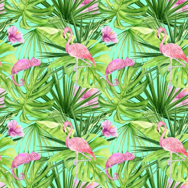 Illustrazione ad acquerello modello senza soluzione di continuità di foglie tropicali e fenicottero rosa. Perfetta come texture di sfondo, carta da regalo, design tessile o carta da parati. Disegnato a mano — Foto Stock
