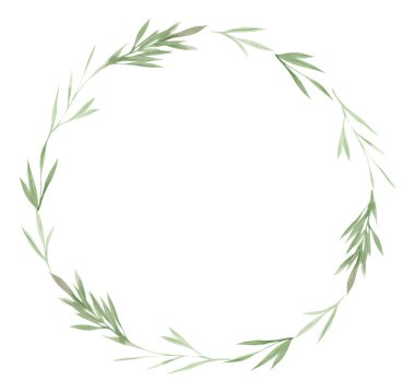 Yeşillik çerçevesi, çelenk üzerindeki yeşil yapraklar ve dallar suluboya tasarım unsurları, el çizimi illüstrasyon