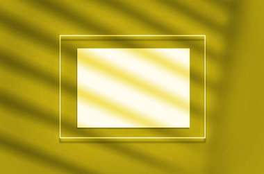 Sarı parıltılı neon çerçeveli maket posteri. İçinde boş alan olan gölgeli bir sahne. Pantone 'un 2021 Yılının Aydınlatıcı Rengi.