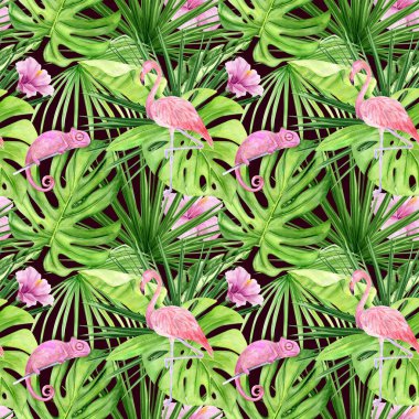 Suluboya çizimi, tropikal yaprakların ve pembe flamingonun kusursuz deseni. Arka plan dokusu, ambalaj kağıdı, tekstil ya da duvar kağıdı tasarımı kadar mükemmel. El çizimi