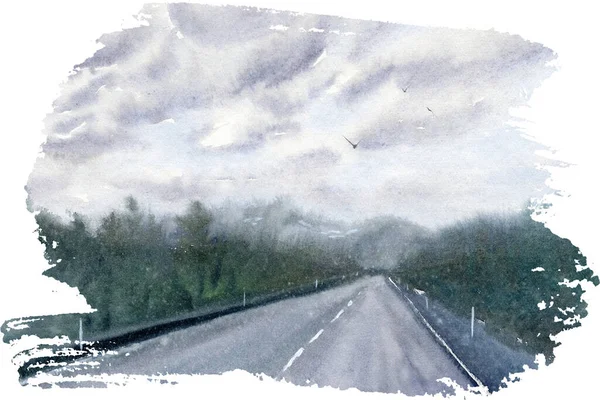 Paisagem aquarela desenhada à mão com estrada, céu e floresta — Fotografia de Stock