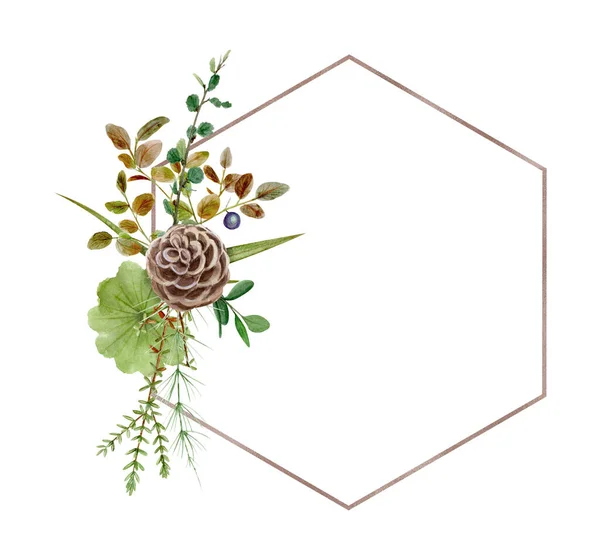 水彩の森の緑のフレーム。ロゴや結婚式の招待に最適です。植物図 — ストック写真
