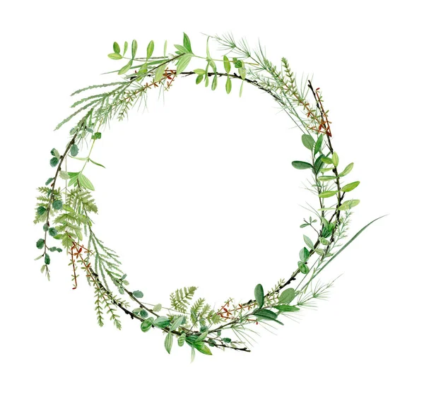 Marco de corona de vegetación de bosque de acuarela. Perfecto para el logotipo y la invitación de boda. Ilustración botánica — Foto de Stock