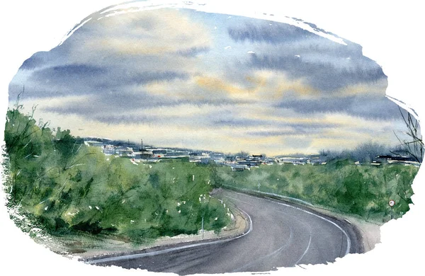 Paisagem aquarela desenhada à mão com estrada, céu e floresta — Fotografia de Stock