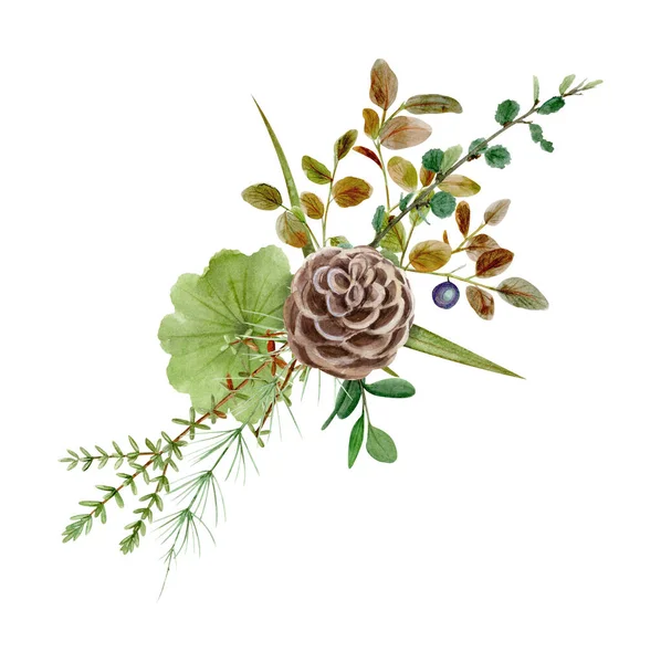 Handzeichnung Aquarell Waldstrauß aus Wildblumen, Blättern und Zweigen. Illustration isoliert auf weiß. Perfekt für Hochzeitseinladung und Logo im Sommer — Stockfoto