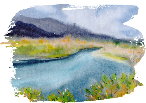 Kézzel rajzolt akvarell táj tó erdőben — Stock Fotó