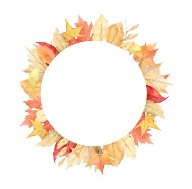 Beyaz arka planda, yapraklardan ve dallardan oluşan suluboya bir çerçeve. Tebrik kartları ve düğün davetiyeleri için sonbahar illüstrasyonu.