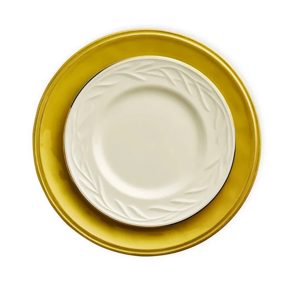 Empty Ceramics Plates White Plate Yellow Plate Isolated White Background — Foto de Stock