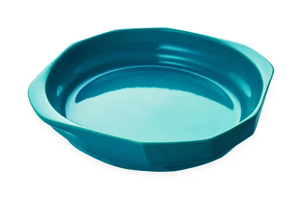 Διπλή Λαβή Πλάκα Κενό Μπλε Κεραμικά Πιάτα Απομονώνονται Λευκό Φόντο — Φωτογραφία Αρχείου