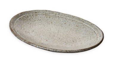 Oval seramik plaka, granit desenli boş tabak, kırpma yolu olan beyaz zemin üzerinde izole edilmiş, yan görüş