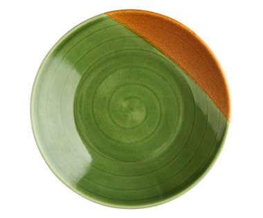 Boş seramik tabaklar, beyaz zemin üzerinde izole edilmiş kahverengi desenli yeşil tabaklar, üst görünüm