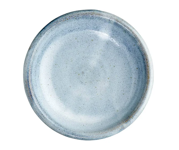空陶瓷盘 蓝板隔离在白色背景上 有剪切路径 顶部视图 — 图库照片