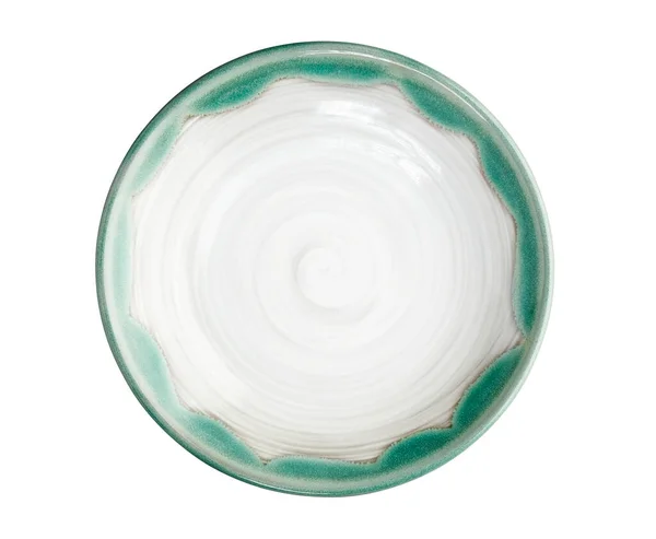Biała Płyta Ceramiczna Zieloną Krawędzią Pusta Płyta Spiralnym Wzorem Odizolowana — Zdjęcie stockowe