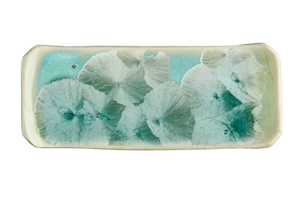 Placa Retangular Vazia Com Esmaltes Cristalinos Placa Cerâmica Azul Isolada — Fotografia de Stock
