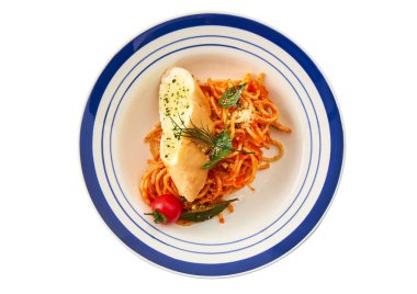 Top view of spaghetti with tomato sauce and garlic bread on a white plate. Classic Italian pasta dish garnished with herbs and cherry tomato, isolated on white background with clipping path, perfect for menu design and food advertising.
