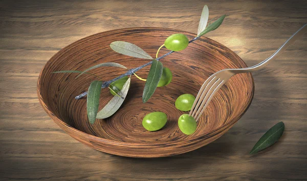 Tazón de madera con ramas de olivo — Foto de Stock