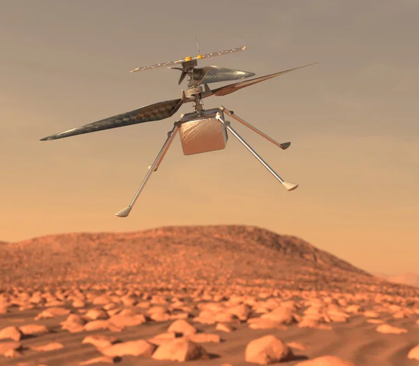 ヘリコプター インジェンシーは火星を探検する 岩を調べる火星の地面にドローン — ストック写真