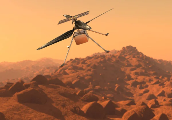 Вертолетная Изобретательность Исследует Марс Беспилотник Земле Марса Исследует Скалы — стоковое фото
