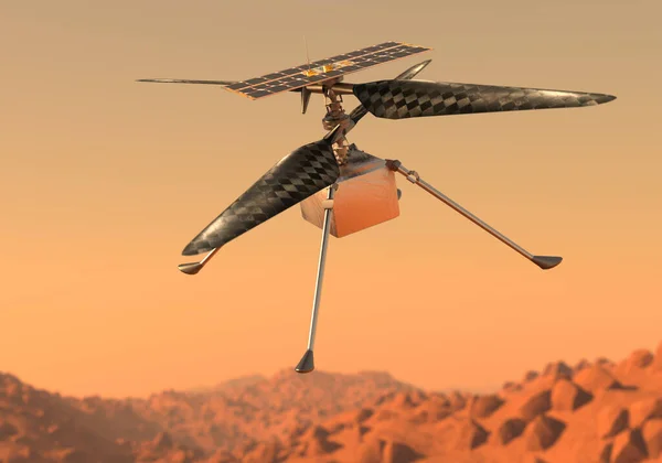 ヘリコプター インジェンシーは火星を探検する 岩を調べる火星の地面にドローン — ストック写真