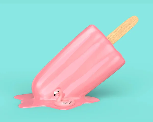 桌上有融化的冰淇淋和粉色救生圈 — 图库照片
