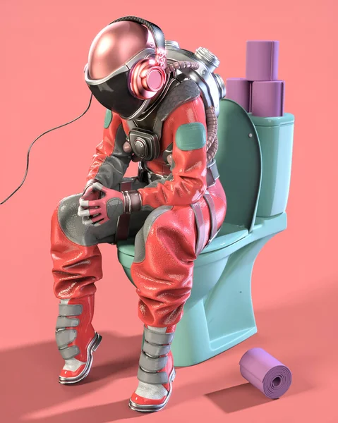 Astronaut Sitting Toilet Pink Background Illustration — Stock Photo, Image