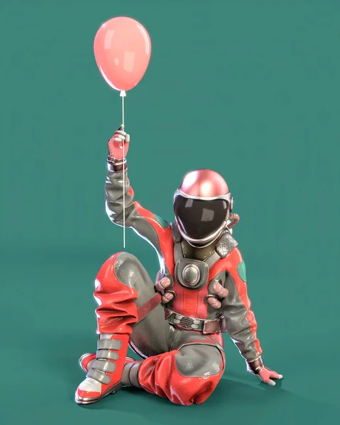 地上に座っている宇宙飛行士はピンクの風船を手に持っています 3Dイラスト — ストック写真